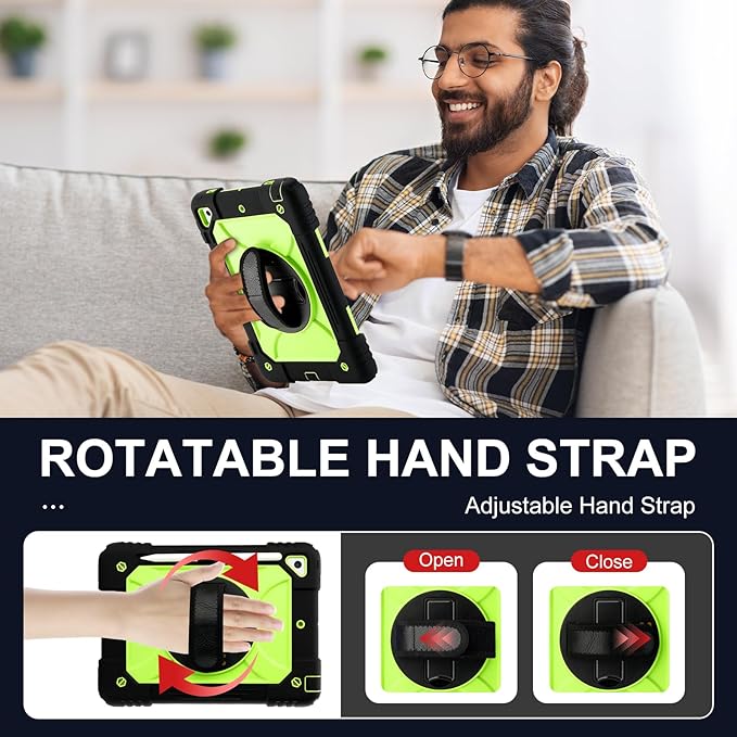 for iPad 6th Generation/iPad 5th Gen/iPad Air 2/iPad Pro 9.7 Case with Cute Key Chain Rugged Protective Case with Rotating Stand &amp Shoulder Hand Strap for iPad 6th/5th/ Air 2 (Black+Yellow)