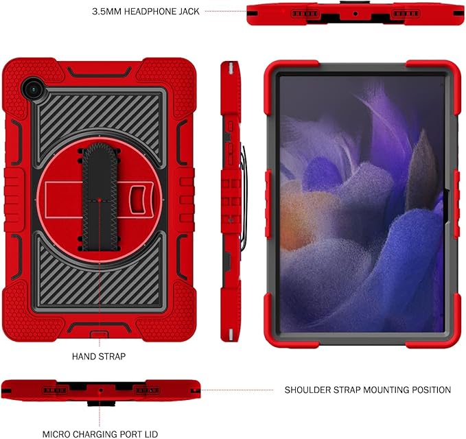 Case for Samsung Galaxy Tab A8 10.5 inch Tablet 2022 (SM-X200/X205/X207) with Hand Strap &amp Shoulder Strap [360° Rotating Kickstand] Hard Rugged Shockproof Swivel Stand Cover Red + Black