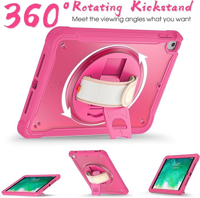 BRAECNstock Case for iPad 6th/5th Generation 9.7 inch 2018/2017ipad Air 2nd Generation &amp Pro 9.7 inch Cover for Kids with Pencil HolderScreen Protector360°Rotating Hand Strap&ampKickstand-Rose