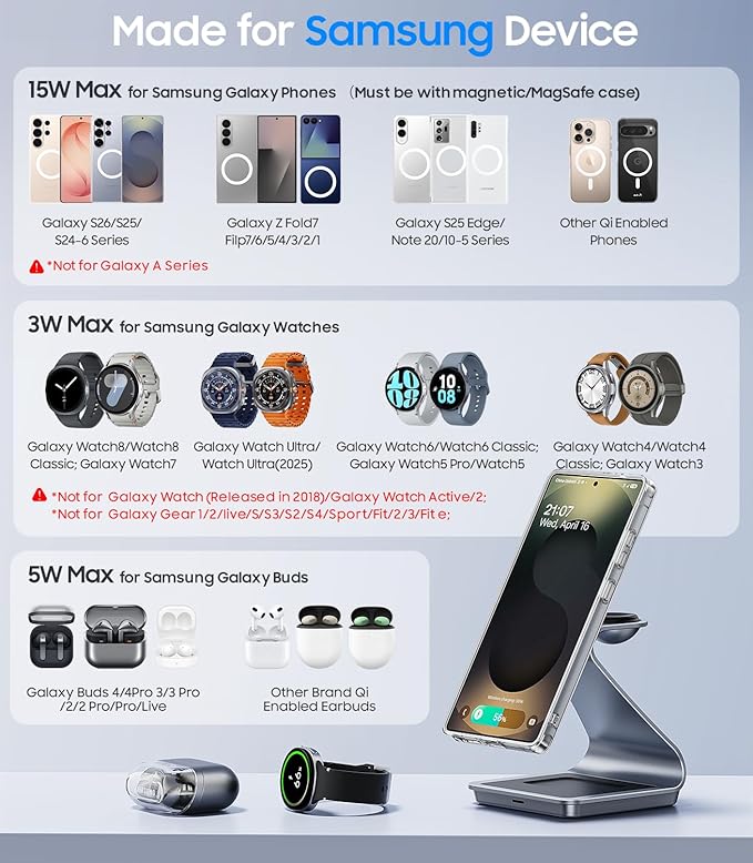 Magnetic Wireless Charger for Samsung 3 in 1 MagSafe Charging Station Aluminum Charger Stand for Galaxy S26/S25/S24/Ultra/Plus/Z Fold7/Flip7 Watch Charger Stand for Galaxy Watch Ultra 8 7 for Buds