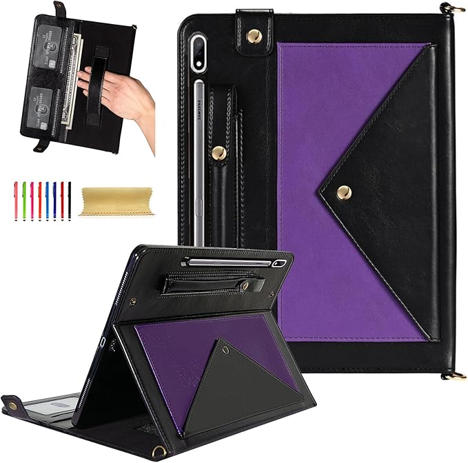 Dteck Case for Galaxy Tab S10 Plus/S9 FE Plus/S9+/S8+/S7 FE/S7+ 12.4Business PU Leather Fold Stand Protective Cover with S Pen Holder Shoulder Hand Strap Card Slots Bag Wallet CoverPurple/Black