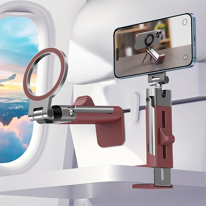 for MagSafe Airplane Phone Holder Mount Travel Essentials for FlyingN55*40 Pro Magnetic Phone Stand for Desk Tray Table360° Swivel Airplane Gadgets Cruise Must Haves travel gifts for Women Men Red