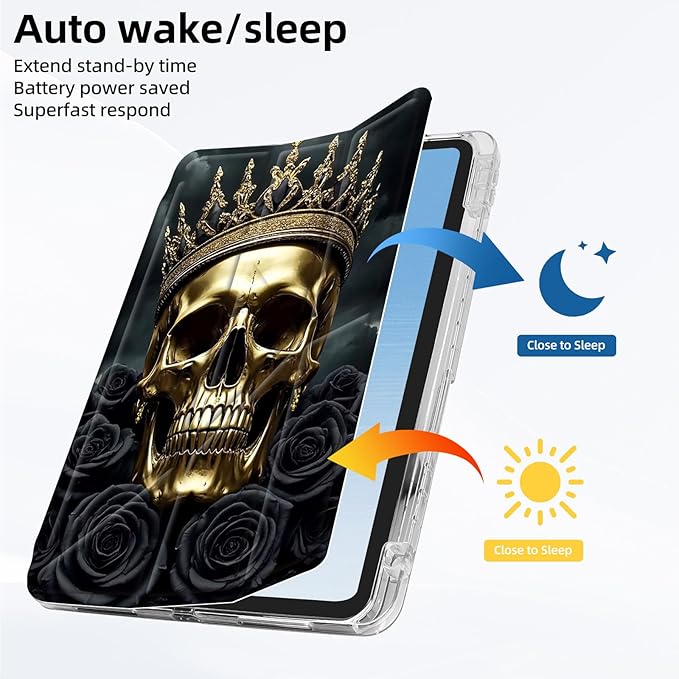 for iPad A16 (11th Generation) Case with Pencil Holder Foldable Y-Shaped Protective Cover Stylish Clear Multi-Angle Viewing &amp Auto Sleep/Wake Tablet Case Gothic Skull Crown