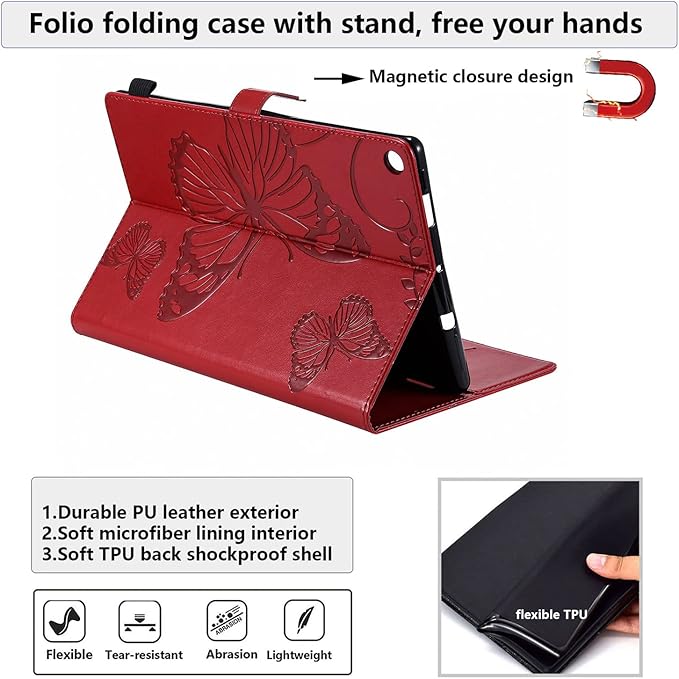 Kindle Fire HD 10 Tablet 2019/2017 Case 9th/7th Generation 10.1 with Pencil Holder Pockets [Auto Sleep/Wake] Folio Stand Embossed PU Leather Magnetic Smart Wallet TPU Cover Red Butterfly