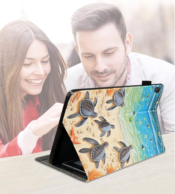 Case for Amazon Kindle Fire 7 Tablet (7 9th/7th Generation 2019/2017 Release) Slim PU Leather Cover with Card Slot &amp Auto Wake/Sleep Beach Turtle