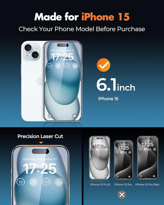 UNBREAKcable for iPhone 15 Screen Protector 4+2 Pack [9H+ Military-Grade Shatterproof] [Effortless Bubble-Free Installation] Ultra HD Clarity Tempered Glass with Lens Protector Case friendly