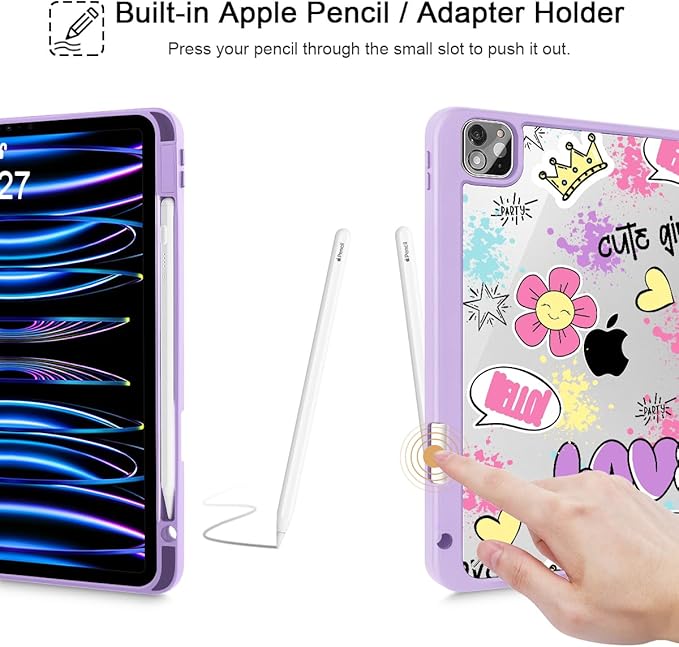 May Chen for iPad Pro 11 inch M2 4th Generation 2022 iPad Pro 11 3rd/2nd/1st Gen Built-in Pencil Holder with Shockproof Cover Clear Transparent Back Shell Auto Wake/Sleep Cute Girl Pattern