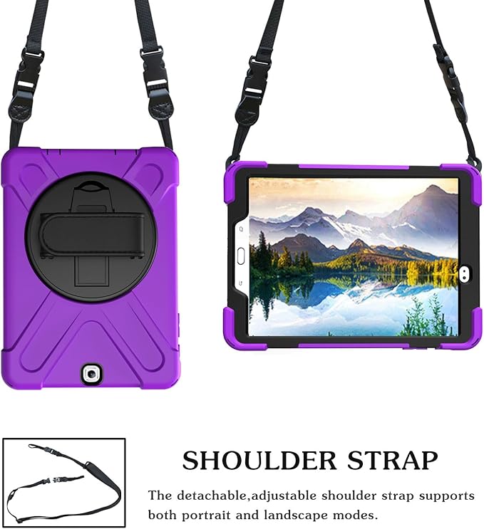 Case for Samsung Galaxy Tab S2 9.7 2015 (SM-T810/T813/T815/T817/T818/T819)Portable Heavy Duty Dropproof Protective Cover Case with 360 Rotating StandHandle &amp Shoulder StrapStylus Pen (New Purpl