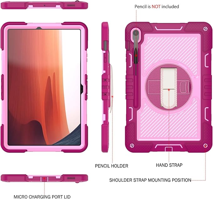 Shockproof Case for Samsung Galaxy Tab S10 FE+/FE Plus 13.1 Tablet with Shoulder Strap Techcircle Heavy Duty Rotating Kickstand Rugged Defender Case w/Adjustable Hand Strap Rose+Pink