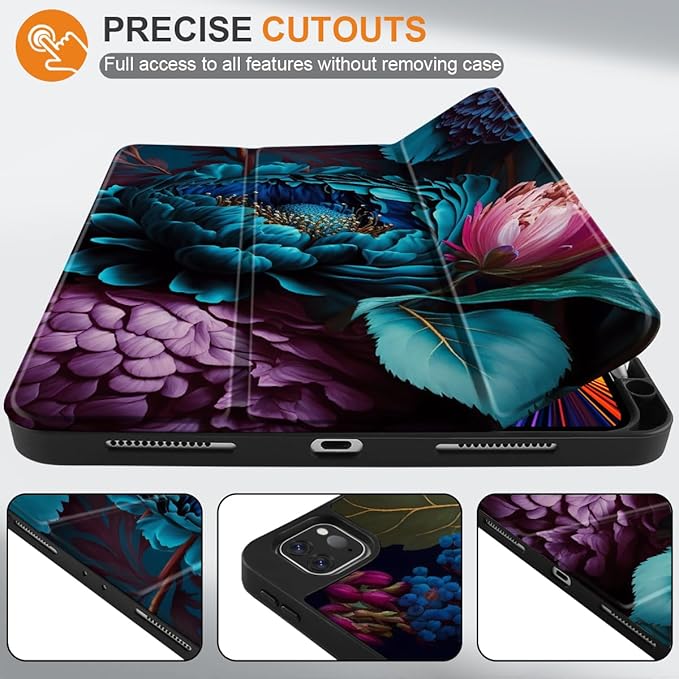 MEEgoodo for iPad Pro M2 12.9 Case 6th/5th/4th/3rd Generation 2022 2021 2020 2018 with Pencil Holder Tablet Cover with TPU Back Shell Beautiful Fantasy Flower