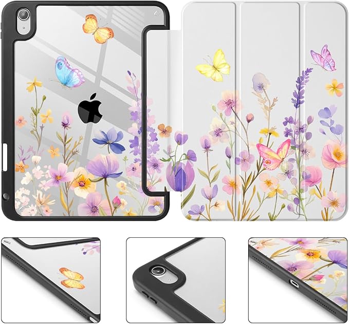 Tuiklol Case for iPad 11 inch (A16 Chip) 2025 Generation 11th / iPad 10.9 inch 2022 10th Gen Buit in Pencil Holder with Shockproof Cover Clear Transparent Back Shell Auto Wake/Sleep Purple Flower