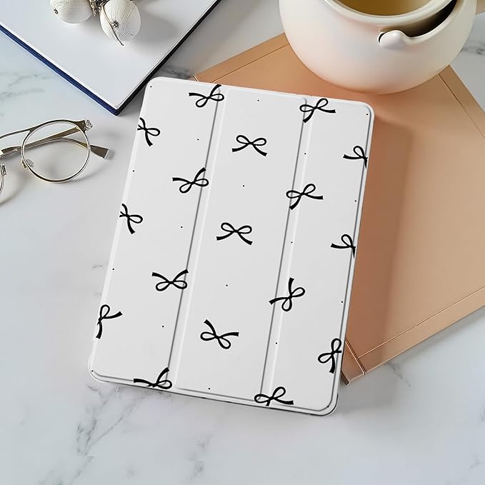 Idocolors Case for iPad 11 inch (A16 Chip) 2025 Generation 11th / iPad 10.9 inch 2022 10th Gen Built-in Pencil Holder with Soft TPU Shockproof Back Shell Auto Wake/Sleep Black Bow-White
