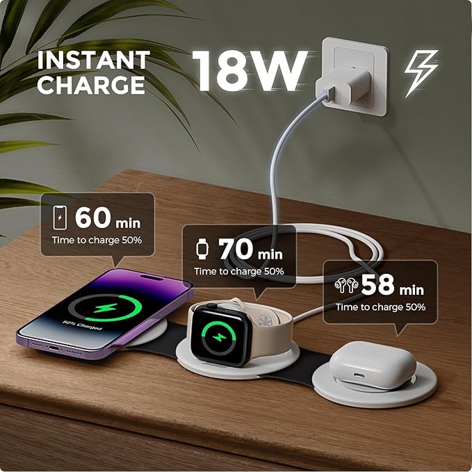 Hicober 3 in 1 Charging Station for Apple Multiple Devices Foldable Travel Wireless Charger 18W for iPhone Air 17 16 15 14 13 Pro Max Plus &ampApple Watch Series/Airpods Black&ampWhite