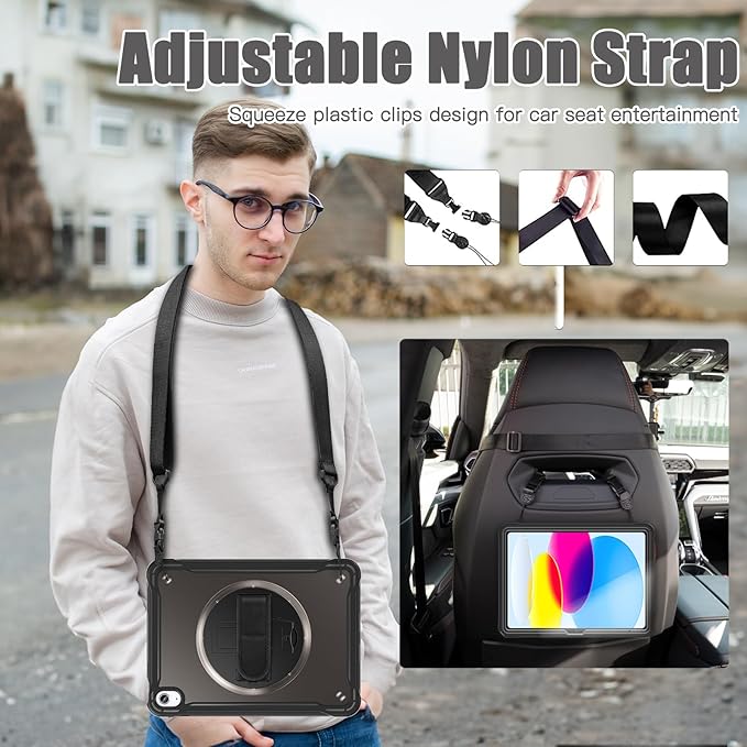 Case for iPad (A16) 11th/10th Generation 2025/2022 11/10.9 inch Rugged Shockproof Protective Cover with Screen Protector 360° Rotating Hand Strap&ampStand Pencil Holder Black