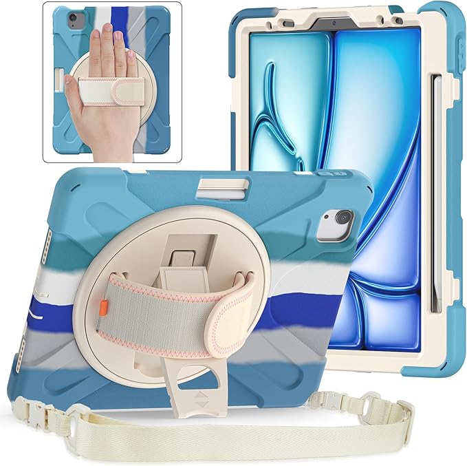 Batianda Case for iPad Air 11 inch 2025 M3 2024 M2 Chip Heavy Duty Rugged Durability Silicone Tablet Cover with 360° Rotating Hand Strap Foldable Hidden Stand &amp Shoulder Strap Colorful Blue