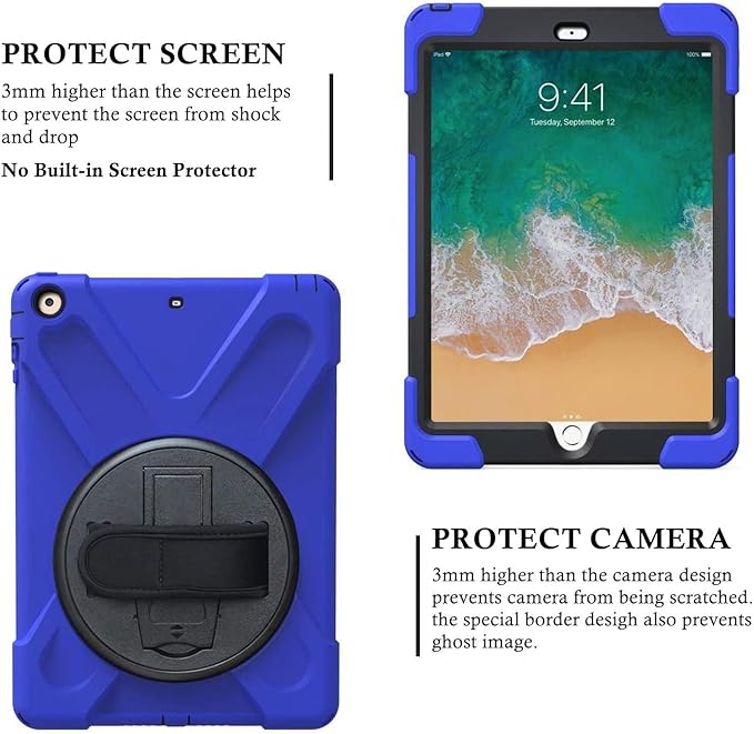TSQ Case for iPad 5th/6th Generation 2017 2018 for Kids with 360 Rotating Stand+Hand Strap | Military Grade Heavy Duty Rugged Shockproof Case for iPad 9.7 Inch | Blue