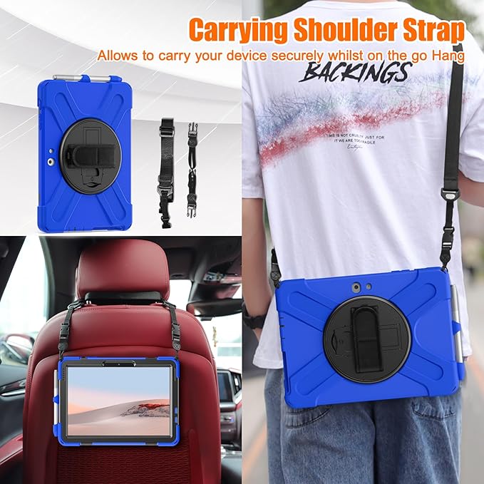 ZenRich Rugged Case for Surface Go 4 (2023)/Surface Go 3 (2021)/ Surface Go 2 (2020) Surface Go (2018) with Pen Holder Heavy Duty Shockproof Case with Stand Hand Strap and Shoulder Belt-Blue