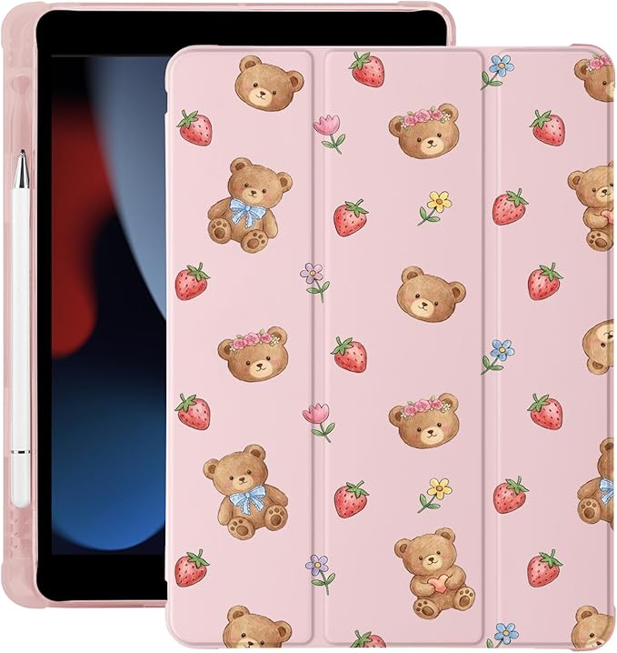Cute Kawaii Bear Strawberry for iPad Air 3 Case with Pencil Holder Auto Sleep/Wake Pink Leather Soft TPU Back Cover for iPad Pro 10.5 Inch 2017