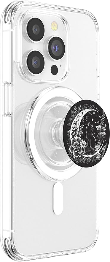 Cat Sitting On Crescent Moon Flowers Stars Drawing Women PopSockets PopGrip for MagSafe