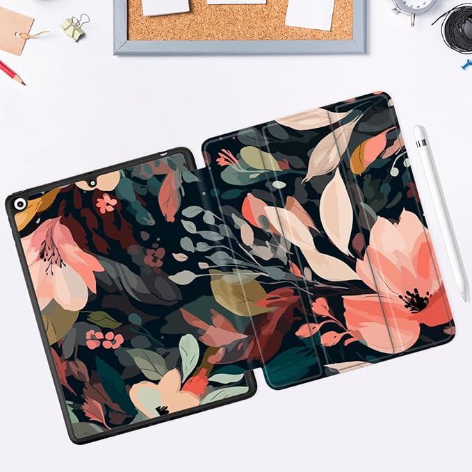 DONGKE Case Compatible with iPad 10.2 Inch 2021 2020 2019 iPad 9th/8th/7th Generation with Pencil Holder Slim Stand Protective Case with Soft TPU Back Auto Sleep/Wake Cover Painted Florals