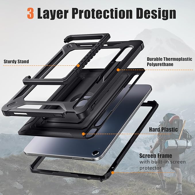 Akkerds for iPad A16 case 11th Generation 11 Inch 2025 - for iPad 10th Generation case 10.9 Inch 2022 with Pencil Holder - Screen Protector and Kickstand - Heavy Duty Rugged Protective Cover - Black