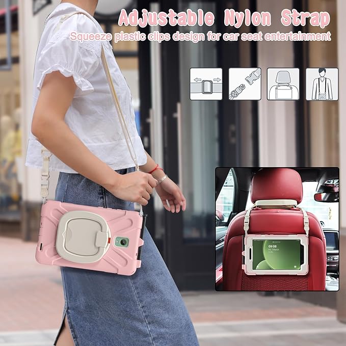 Rugged Case for Samsung Galaxy Tab Active5 5G (SM-X306B/X300) w/ 360° Rotating Hanging Ring Handle Grip Kickstand Heavy Duty Shock-Proof Armor Cover w/Shoulder Strap Stylus Holder (Pink)