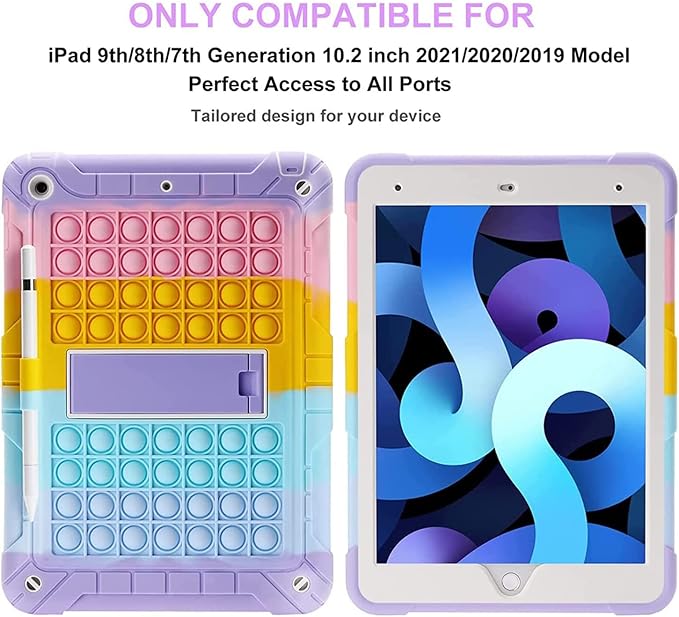 XZC iPad 9th/8th/7th Generation Case (iPad 10.2 Case 2021/2020/2019) Shockproof Drop Protection iPad Cover with Pencil Holder Kickstand Shoulder Strap (Rainbow 2)