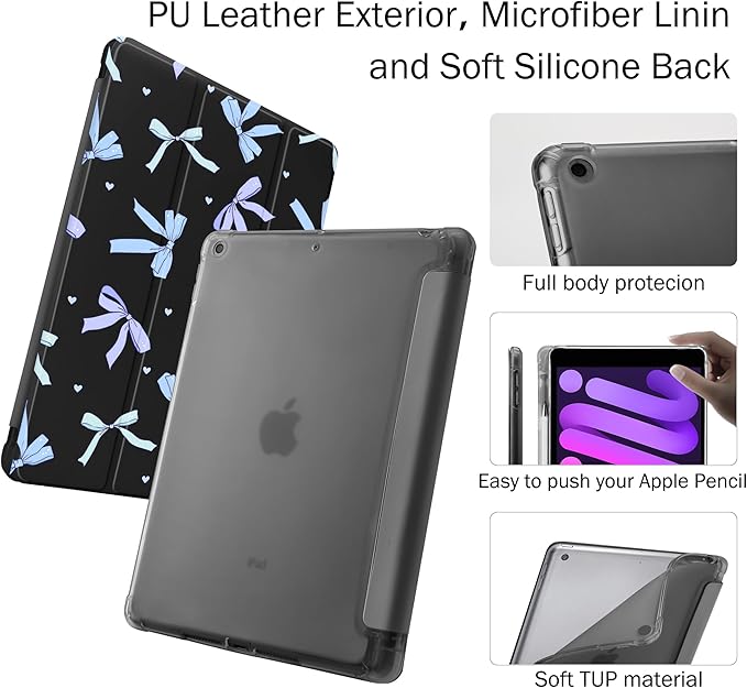 Idocolors Case for iPad 11 inch (A16 Chip) 2025 Generation 11th / iPad 10.9 inch 2022 10th Gen Built-in Pencil Holder with Soft TPU Shockproof Back Shell Auto Wake/Sleep Blue Bow-Black