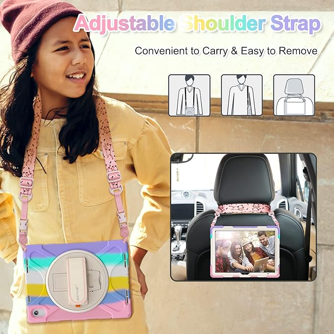 BATYUE Case for iPad (A16) 11th/10th Gen 11''/10.9'' 2025/2022 - Heavy Duty Shockproof Cover with Adjustable Hand Strap 360°Kistand Screen Protector Shoulder Strap &amp Pencil Holder | Colorful Pi