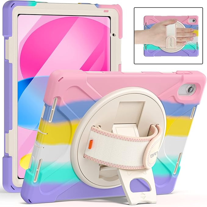 BATYUE Case for iPad (A16) 11th/10th Gen 11''/10.9'' 2025/2022 - Heavy Duty Shockproof Cover with Adjustable Hand Strap 360°Kistand Screen Protector Shoulder Strap &amp Pencil Holder | Colorful Pi