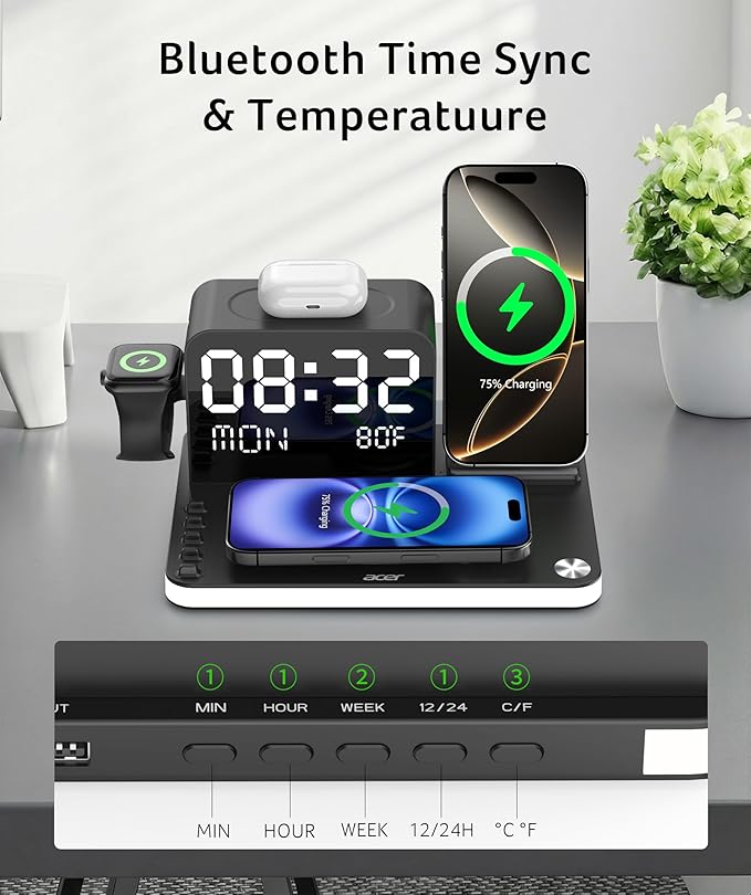 acer 7-in-1 Wireless Charging Station: Charger Stand for Multiple Devices for Apple - iPhone 16 15 14 13 12 Pro Max Apple Watch Airpods Wireless Charger iPhone Charging Station with Bluetooth TimeSyn