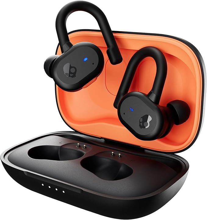 Skullcandy Push Active Wireless Earbuds Bluetooth Headphones Noise Isolating 44 Hrs Battery Secure-Fit Over-Ear Hanger Sweat and Water Resistant Microphone for iPhone Android - True Black/Orange