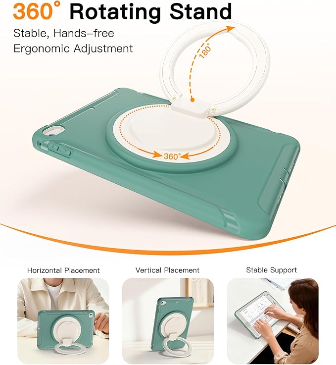 BATYUE Shockproof Case for iPad mini 4/5 (2015/2019) - 360° Multi-Angle Stand (Portrait &amp Landscape) &amp Grip Pencil Holder (Elastic Loop) Multi-Scene for All Ages Jade Green