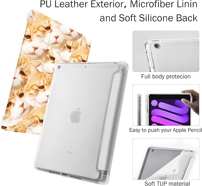 Idocolors Case for iPad 11 inch (A16 Chip) 2025 Generation 11th / iPad 10.9 inch 2022 10th Gen Built-in Pencil Holder with Soft TPU Shockproof Back Shell Auto Wake/Sleep Orange Cat