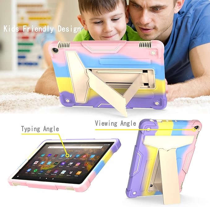 Dteck Case for Fire HD 10/HD 10 Plus Tablet (2021 Release 11th Generation) - Kids Friendly Shockproof EVA Case Convertible Stand Full Body Rugged Protective Cover Rainbow