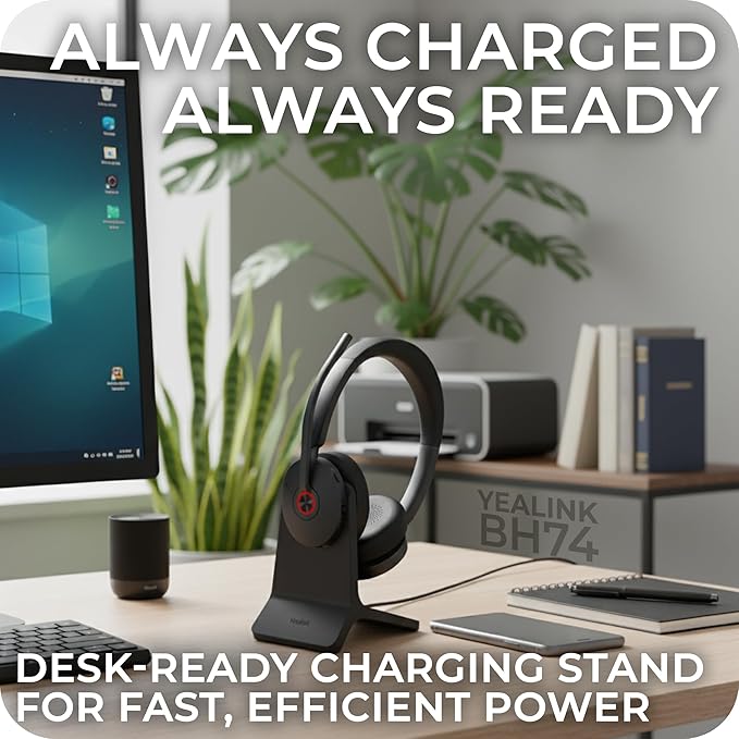 BH74 Yealink Headset Bluetooth Wireless with Headphone Charging Stand Compatible with Teams Zoom Webex Meet Video Calls Acoustic Shield Mic &amp Hybrid ANC Long Battery Ideal for Office &amp