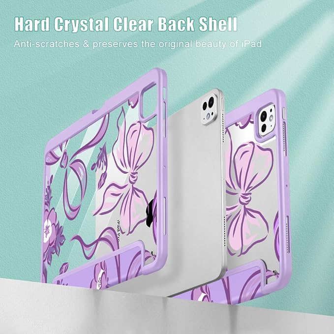 Mektron Case for M5/ M4 iPad Pro 11 inch 2025/2024 with Pencil Holder Compatible Models: A3357/A3358/A3359/A2836/A2837/A3006 Shockproof Cover Clear Shell Flowers-Bows-Purple