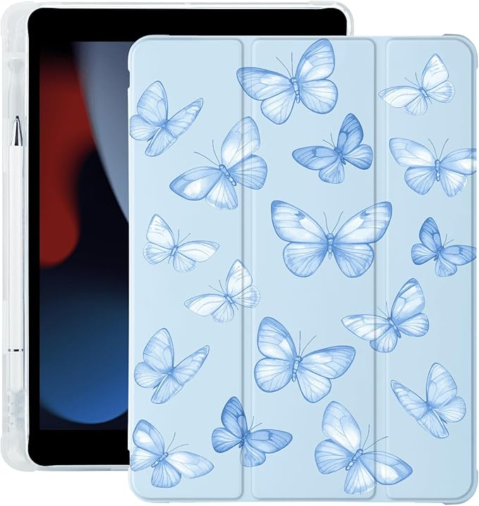 Cute Y2K Blue Butterfly for iPad Air 13 Inch Case M3 2025/M2 2024 with Pencil Holder Auto Sleep/Wake Blue Leather Soft TPU Back Cover