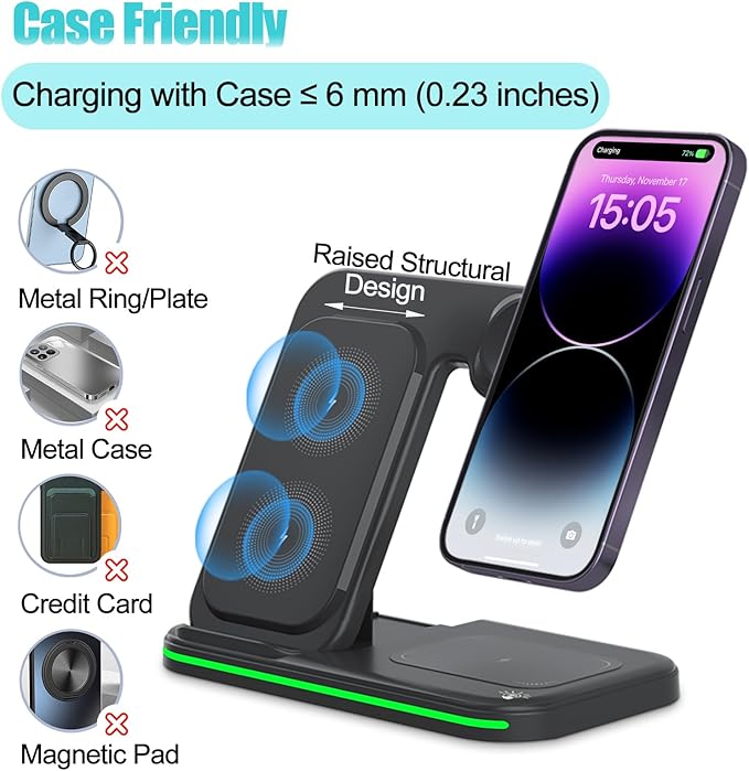 Wireless Charger for Multi Devices 3 in 1 Foldable Fast Charging Station Stand Compatible for iPhone 17 16 15 14 13 Pro for Apple Watch Series for AirPods 4 3 2 Pro for Samsung Galaxy Android (Black)