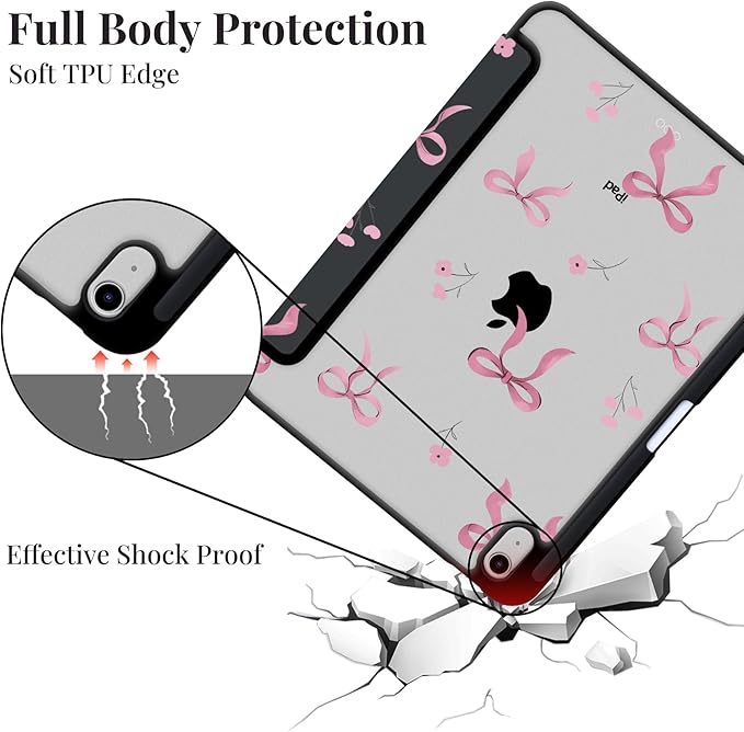 Cute Case for iPad mini 7th(A17 Pro) 2024 / Mini 6th Gen 8.3 2021 Pink Bow Tie Flower Clear Hard Back Hybrid Casewith Pencil Holder Trifold Stand Slim Cover for Women