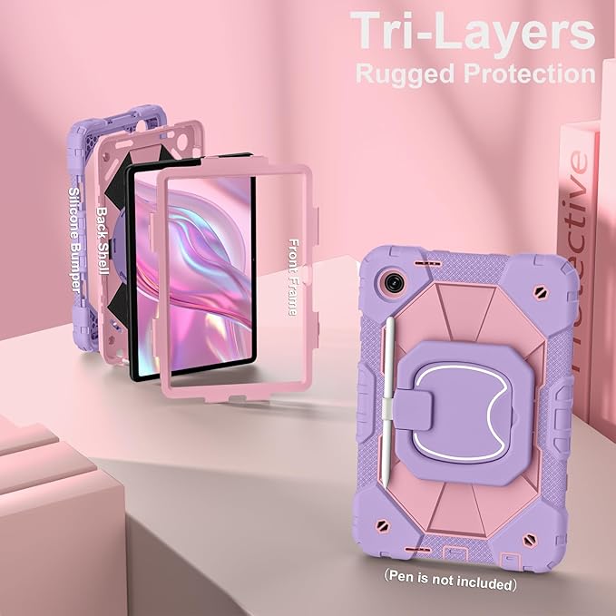 for T-Mobile Revvl Tab 2 Case 10.1 Inch 2025 Shockproof Cover for Revvl Tab 2 5G Tablet Case Kids with 360° Rotating Handle Stand Pen Holder Shoulder Strap Purple Rose