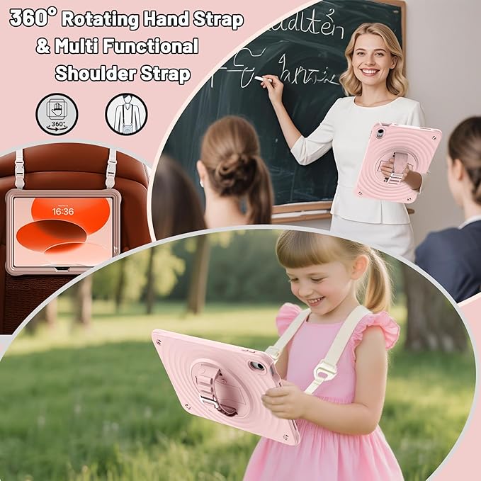 Case for iPad A16 11-inch (2025) &amp iPad 10th Gen 10.9-inch (2022) HD Screen Protector Strong Military-Grade Full-Body Shockproof Protection 360° Rotating Handle Strap &amp Shoulder Strap Pink
