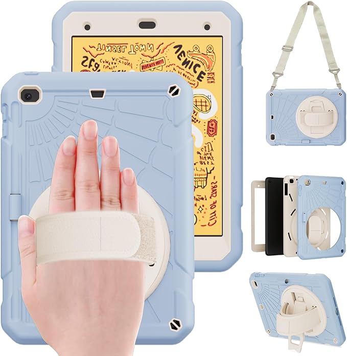 Case for iPad mini 5/4 with Screen Protector Pencil Holder [360 Rotating Hand Strap] &amp Stand Drop-Proof Case for iPad mini 5th/4th Generation 7.9 inch(Ice Blue)