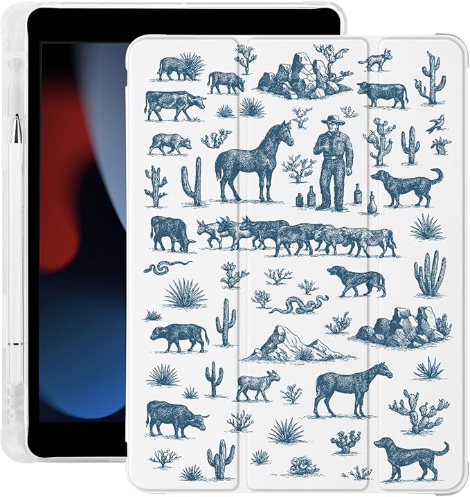 Western Cowboy for iPad mini 7 A17 Pro 2024/iPad Mini 6 Case with Pencil Holder Auto Sleep/Wake White Leather Soft TPU Back Cover