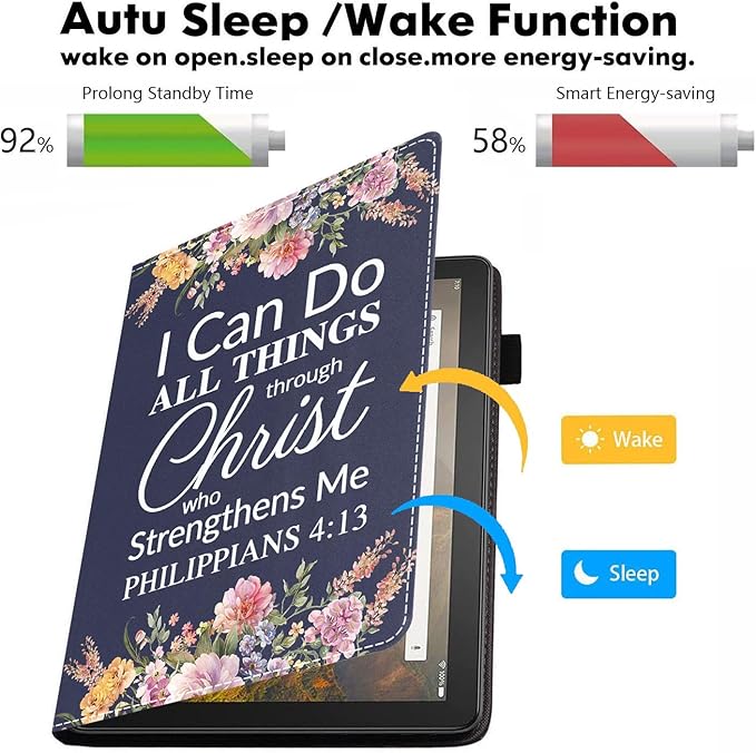 Case for All-New Kindle Fire HD 10 &amp 10 Plus Tablet 10.1 (13th/11th Gen 2023/2021 Release) - PU Leather Folio Case with Smart Auto Wake/Sleep Floral Quote Bible Verse Philippians 4:13