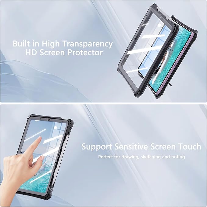 MRUOZRUI Waterproof Tablet Case for iPad Air 11inch 6th M2 2024/ 7th M3 2025 8th M4 2026 5/4 10.9inch Built-in Screen Protector Pencil Holder Fit with Magic Keyboard Strap Kickstand Black &amp G