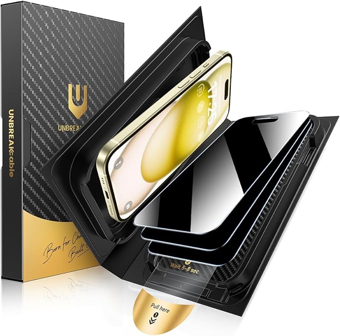 UNBREAKcable Privacy Screen Protector for iPhone 15 3 Pack Full Coverage Tempered Glass [28° Anti-Spy] [9H Hardness] [Easy Installation Box] Shatterproof Private Screen Guard