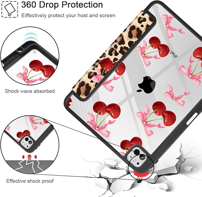 May Chen Case for iPad Pro 11-Inch M5/M4 2025/2024 (6th/5th Generation) [Penceil Holder] Trifold Stand Auto Wake/Sleep Clear TPU Protection Back Cover Cherry &amp Cheetah