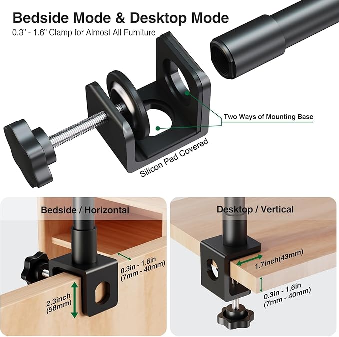 elitehood Aluminum Arm Phone Holder for Bed [360° Swivel Tilt Rotation] Adjustable Bedside Phone Holder Laying Down iPhone Stand for Bed Desk Overhead iPhone Clamp Mount Fit All 4-7’’ Cellphone