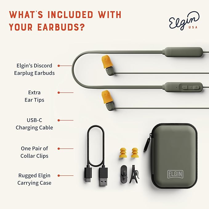 Elgin Discord Gen 3 Bluetooth Earplug Earbuds OSHA Compliant Wireless in-Ear Headphones 31dB NRR ANSI Certified Noise Isolation Dynamic 8mm Driver USB-C Charging 14-Hour Playback